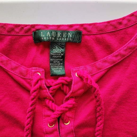 Lauren Ralph Lauren top blouse V-neck tie, cotton casual outfits Colorful Large. - Picture 7 of 11